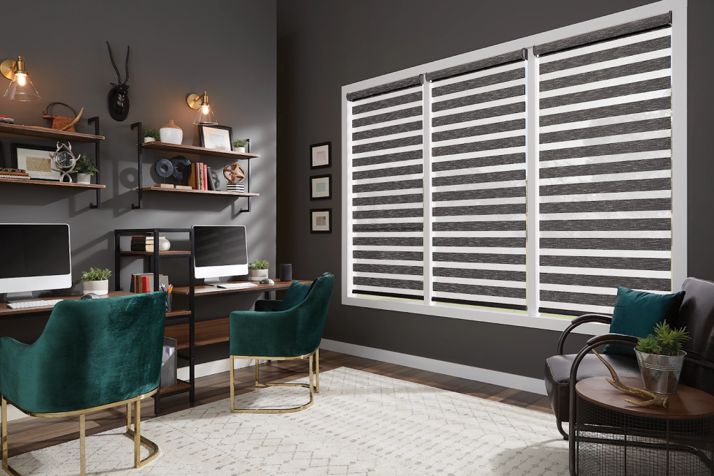 An image of Graber's Layered shades in a modern home office.