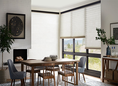 An image on honeycomb shades in a modern dining room